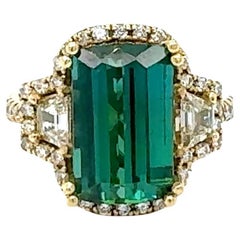 6.17 Carat Green Tourmaline Diamond 18 Karat Yellow Gold Three-Stone Ring