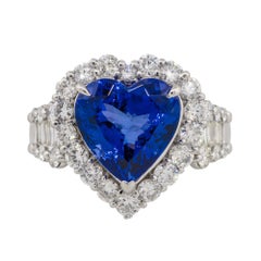 6.17 Carat Heart Shaped Tanzanite Diamond Halo Ring Platinum in Stock