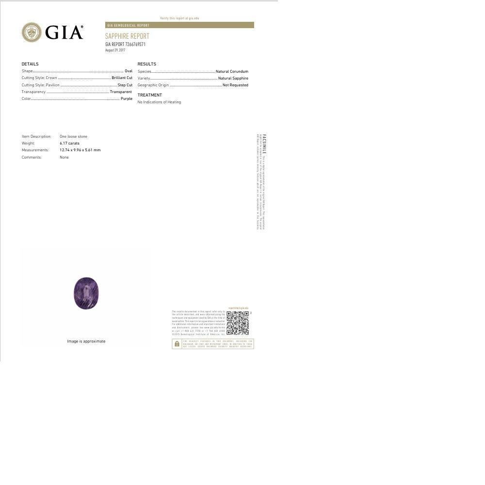Ring aus 18 Karat Weißgold mit 6,17 Karat unbehandeltem lila Saphir und Diamant, GIA-zertifiziert im Zustand „Neu“ im Angebot in Beverly Hills, CA