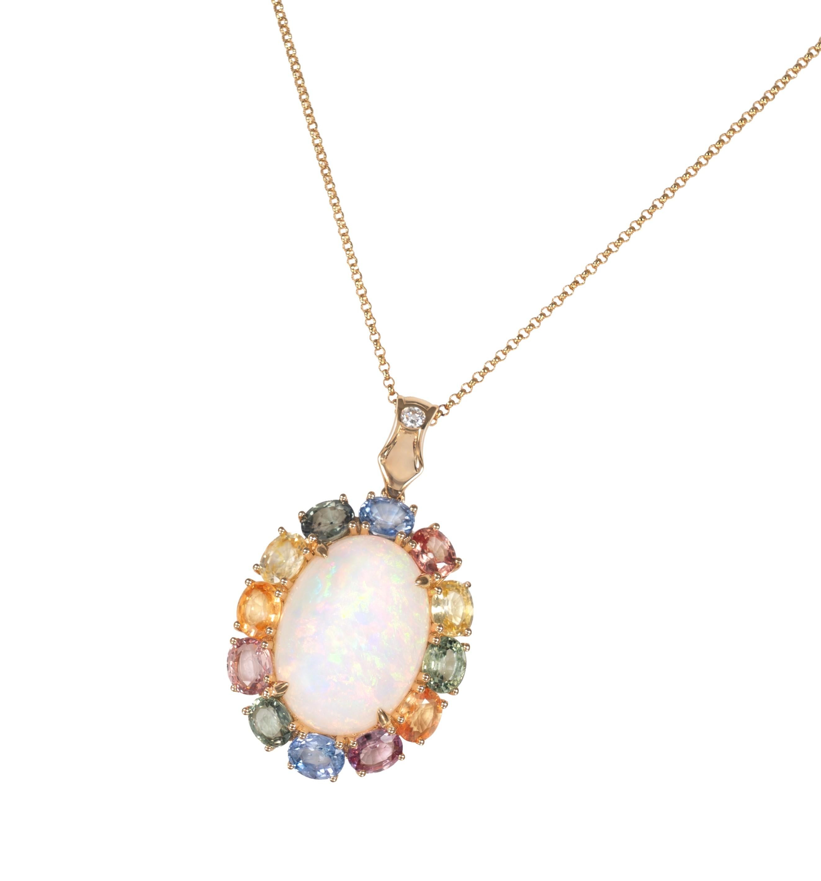 Contemporary 6.17 Carat Opal Pendant in 18 Karat Yellow Gold with Sapphire and Diamond For Sale