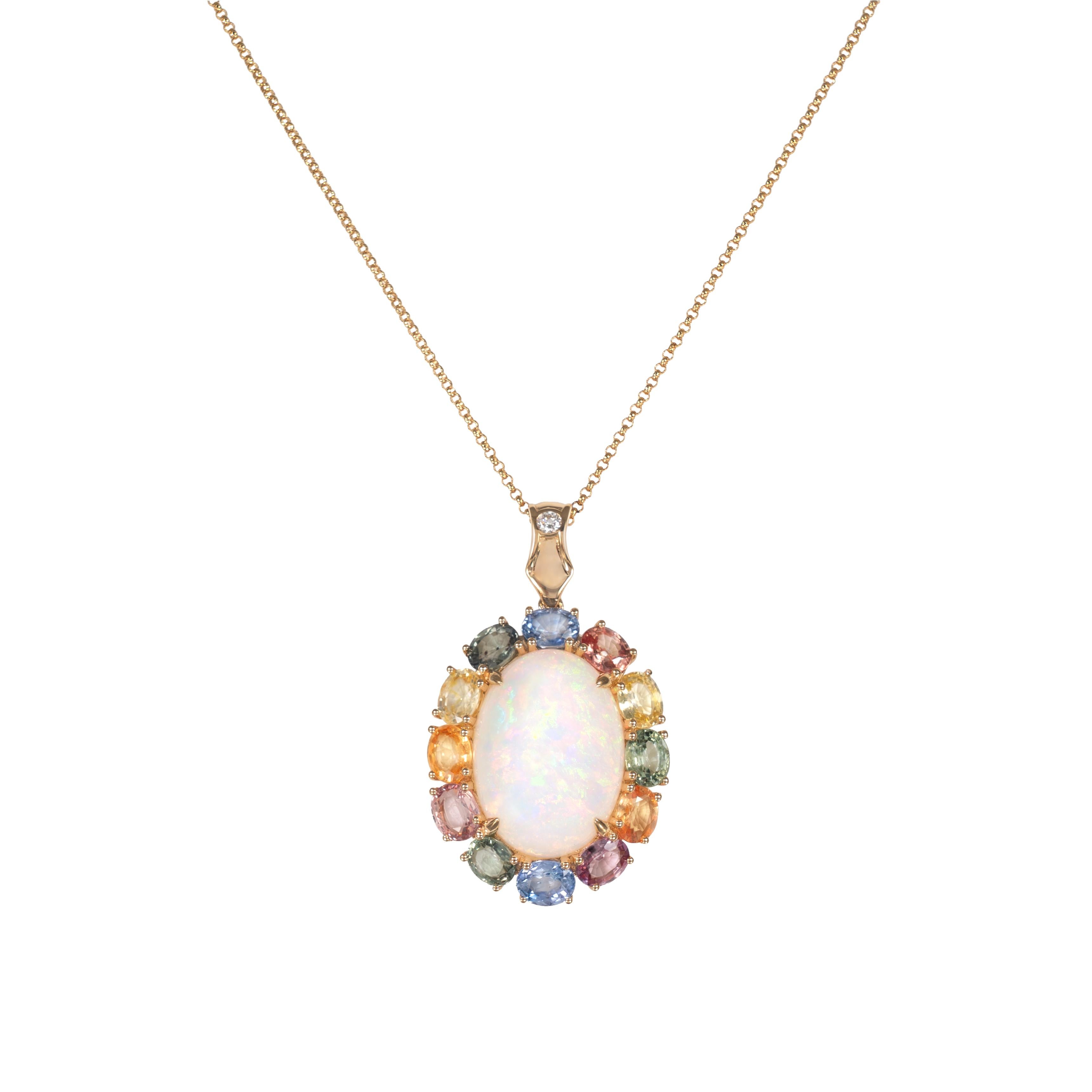 Oval Cut 6.17 Carat Opal Pendant in 18 Karat Yellow Gold with Sapphire and Diamond For Sale