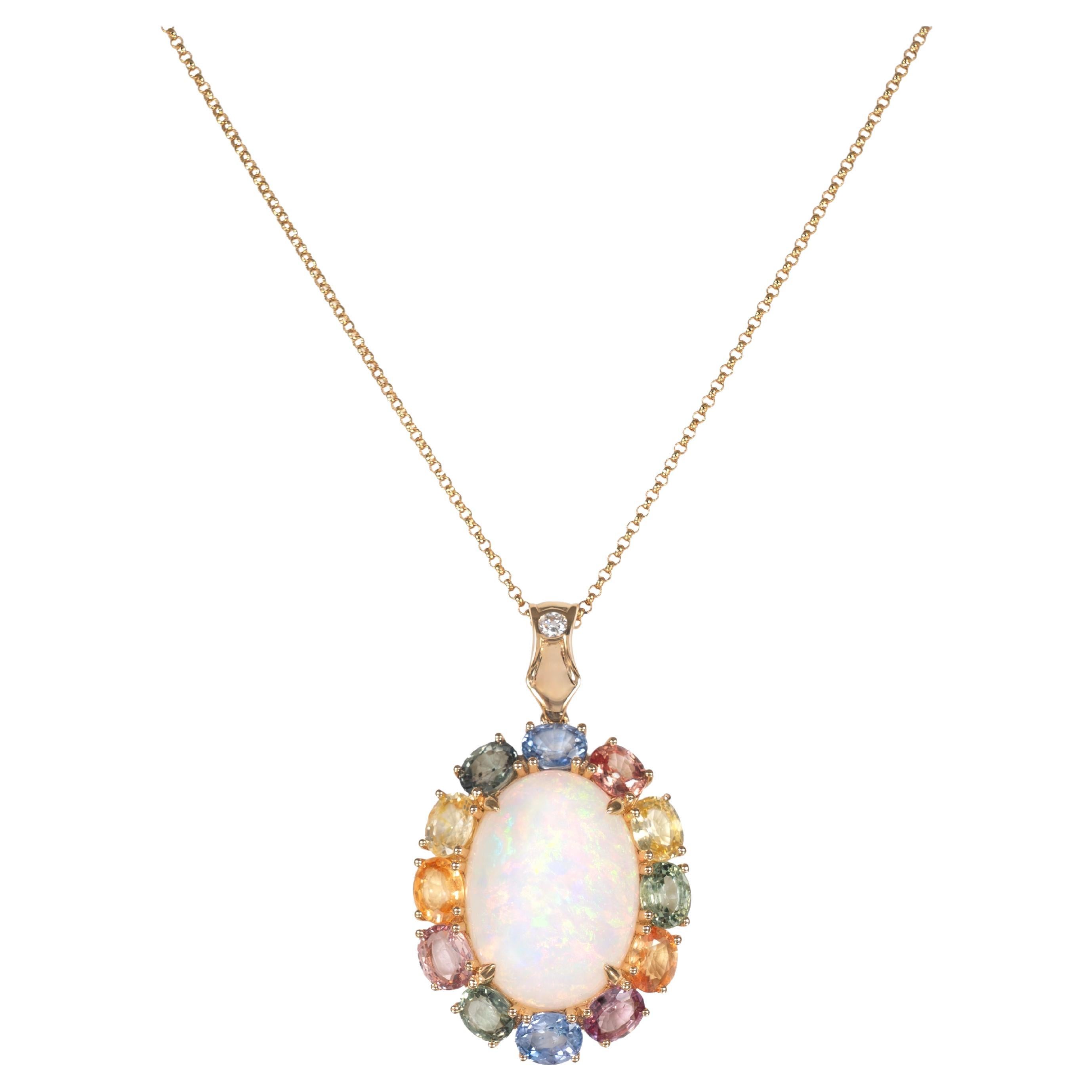 6.17 Carat Opal Pendant in 18 Karat Yellow Gold with Sapphire and Diamond For Sale