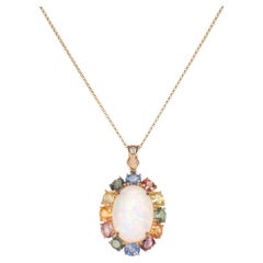 6.17 Carat Opal Pendant in 18 Karat Yellow Gold with Sapphire and Diamond