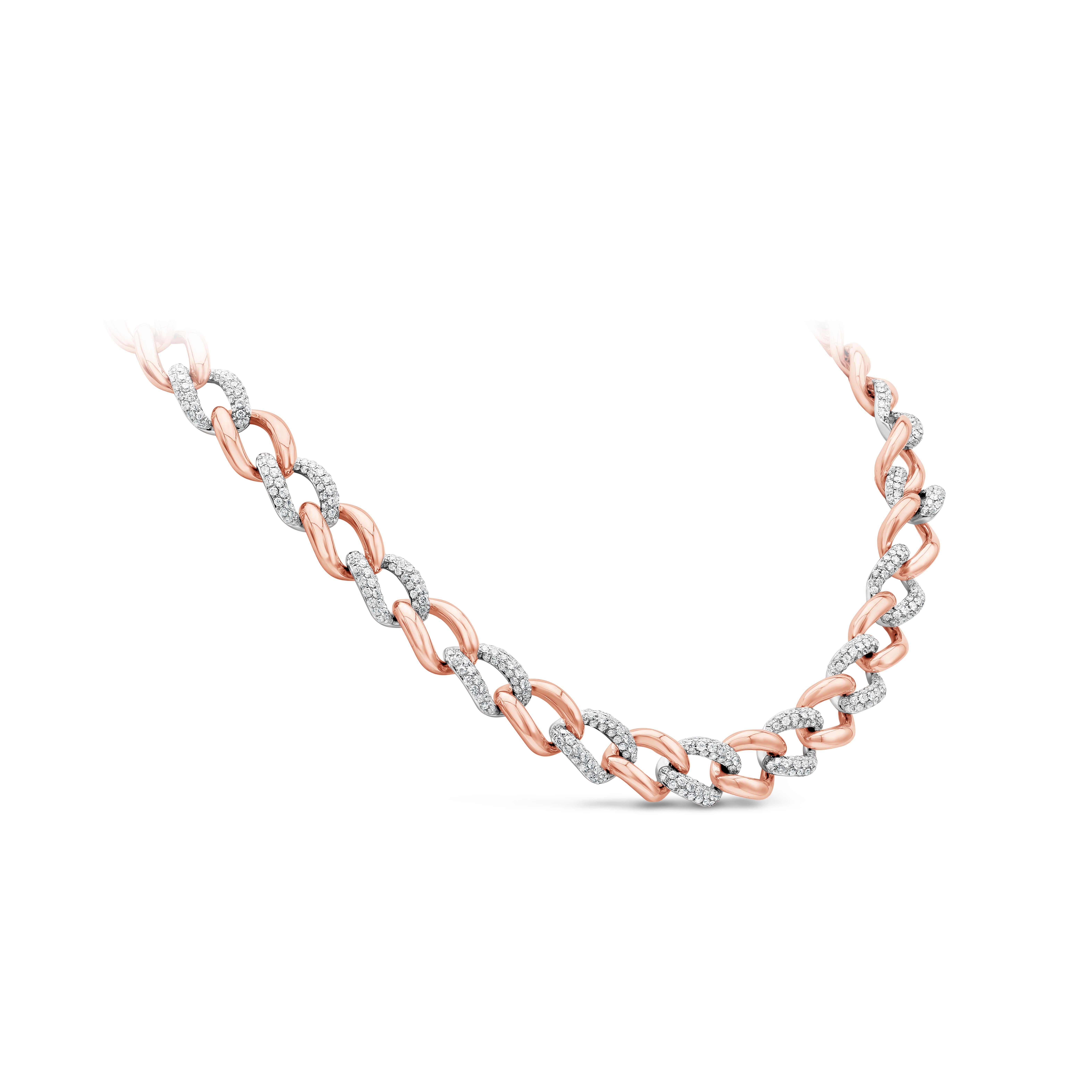 Simple in aesthetics and marvelously designed, this large link diamond necklace is made in 18 karats rose gold. Accented by 550 pieces of bright round diamonds weighing 6.17 carats total, F/G color and VS clarity. This beautiful necklace is 17