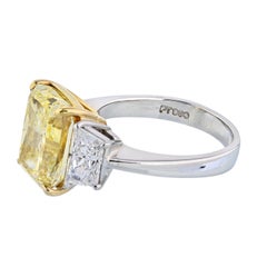 6.17 Ct Radiant Cut Platinum Fancy Yellow Three Stone Diamond Engagement Ring