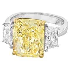 6.17 Ct Radiant Cut Platinum Fancy Yellow Three Stone Diamond Engagement Ring