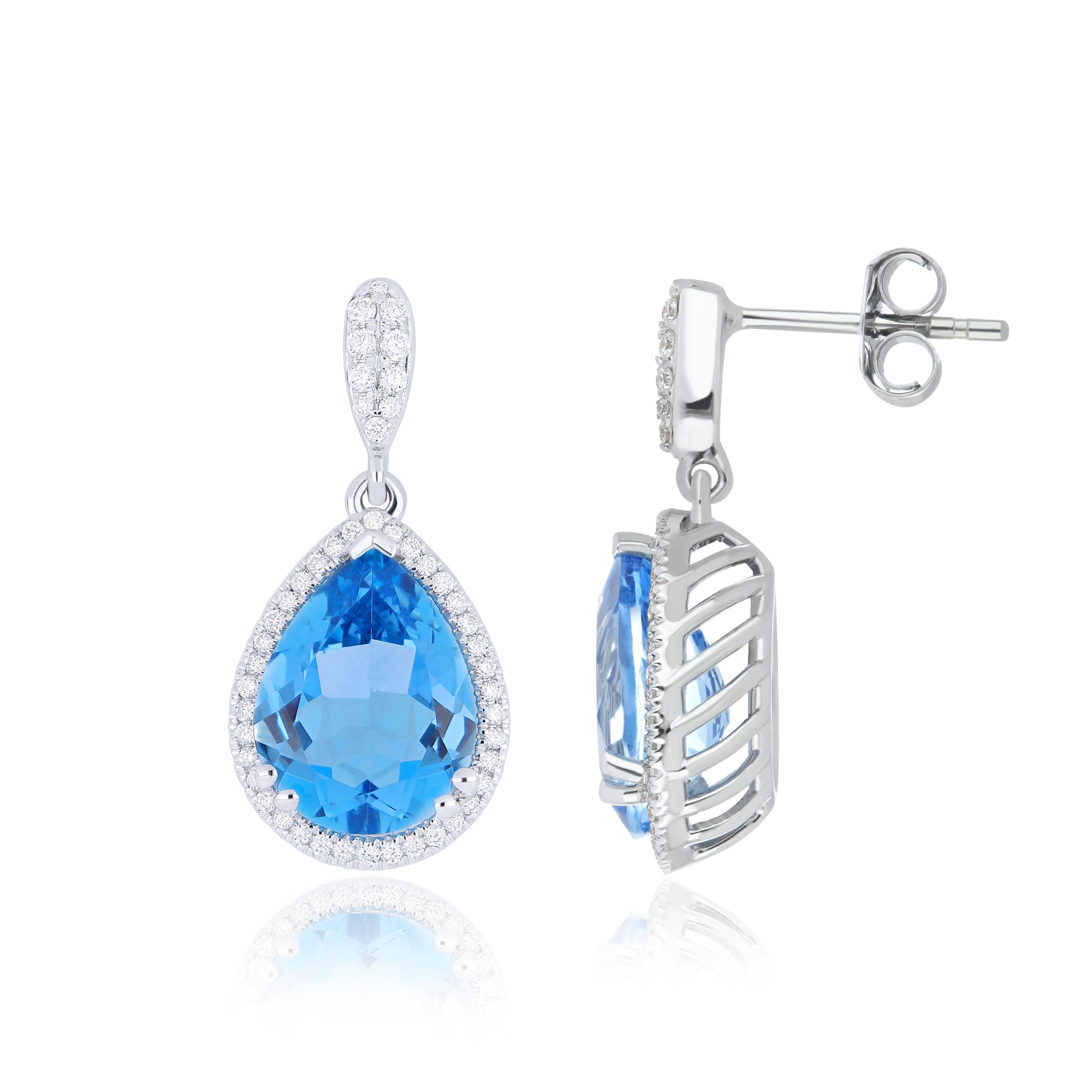 Moderno Orecchino a goccia con diamante e topazio blu svizzero da 6,17 carati in oro bianco 18 carati in vendita