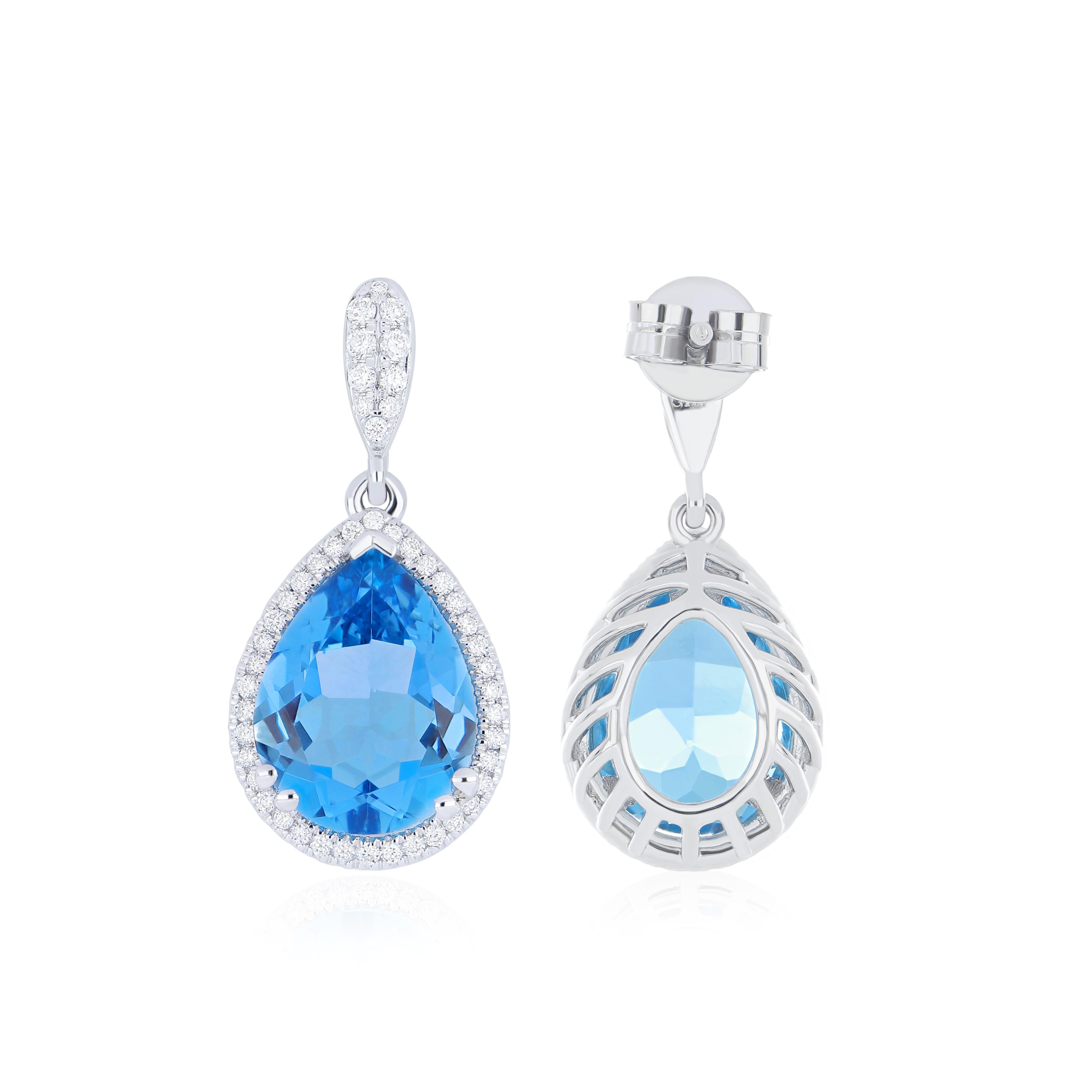 Taglio a goccia Orecchino a goccia con diamante e topazio blu svizzero da 6,17 carati in oro bianco 18 carati in vendita