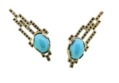MAIKO NAGAYAMA 6.17 Turquoise Cabochon and Black Diamond 18K Gold Earrings
