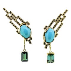 MAIKO NAGAYAMA 6.17 Turquoise Cabochon and Black Diamond 18K Gold Earrings