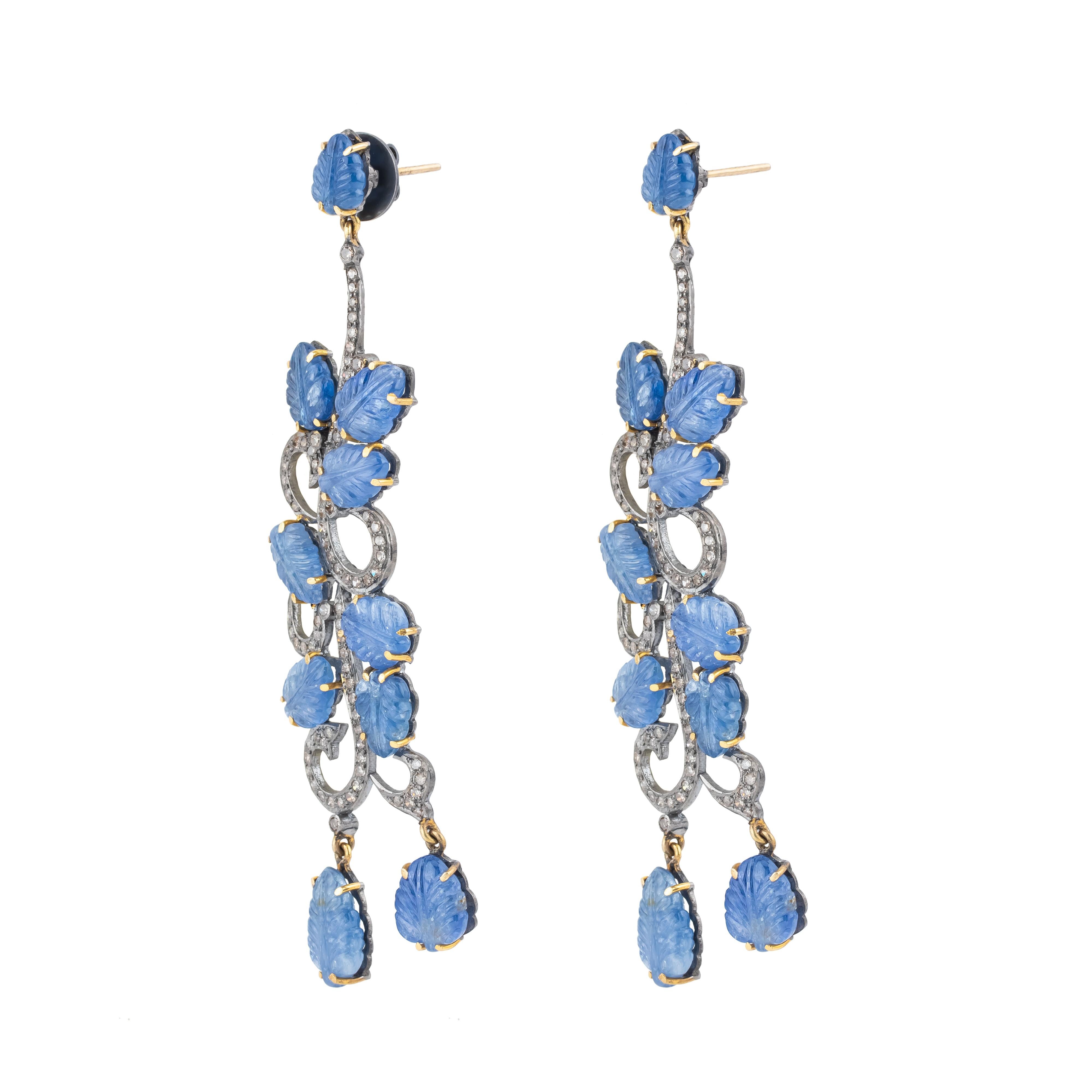 Brilliant Cut 61.8 Carat Diamond and Sapphire Dangle Earrings For Sale
