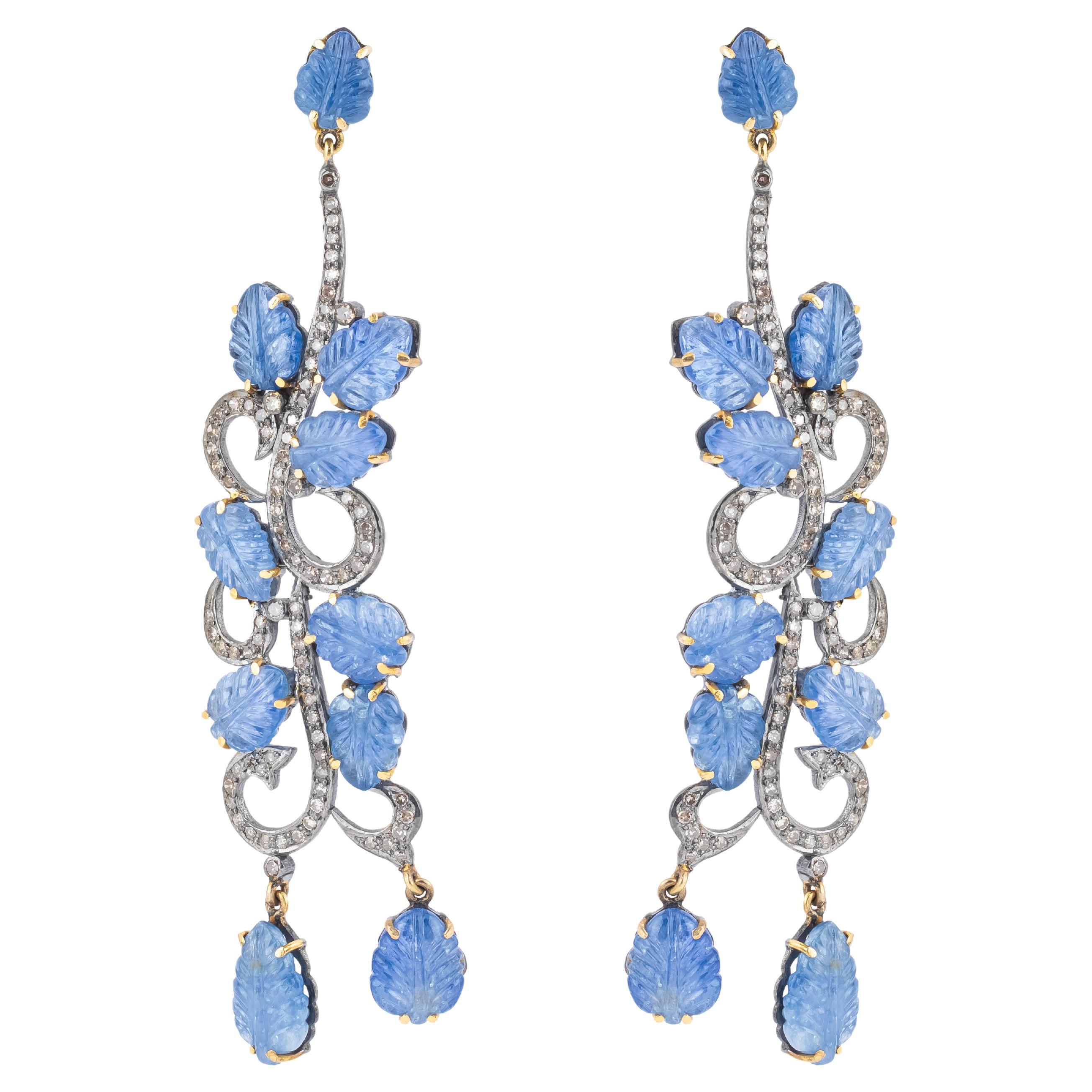 61.8 Carat Diamond and Sapphire Dangle Earrings For Sale