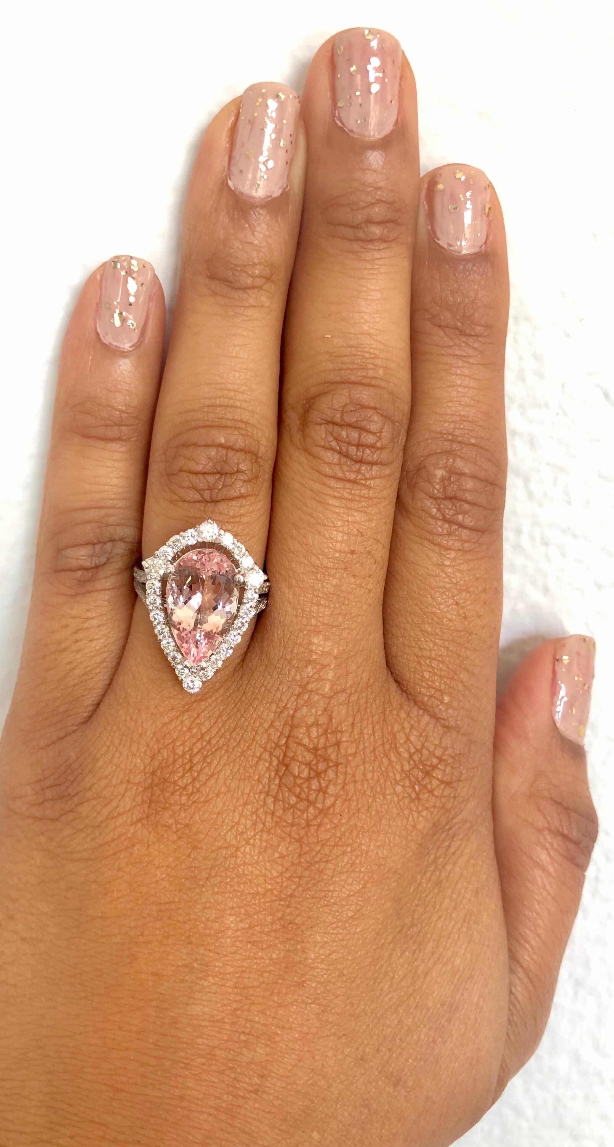 Pear Cut 6.18 Carat Pink Morganite Diamond White Gold Engagement Ring For Sale