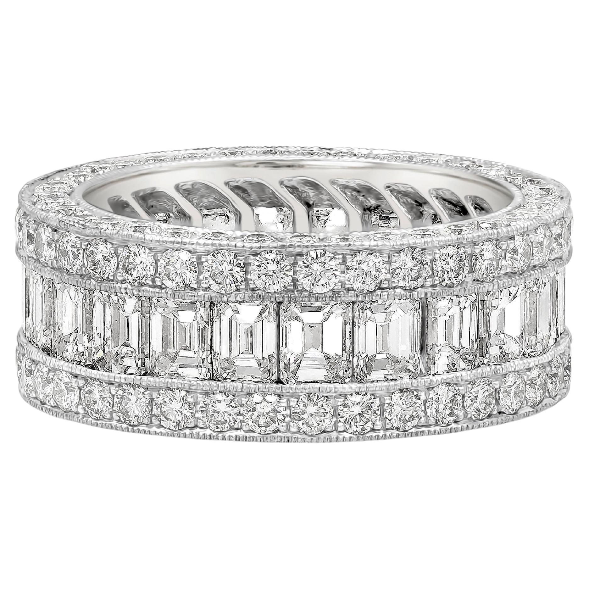 6.18 Carats Total Round and Emerald Cut Diamond Three Row Wedding Band For Sale