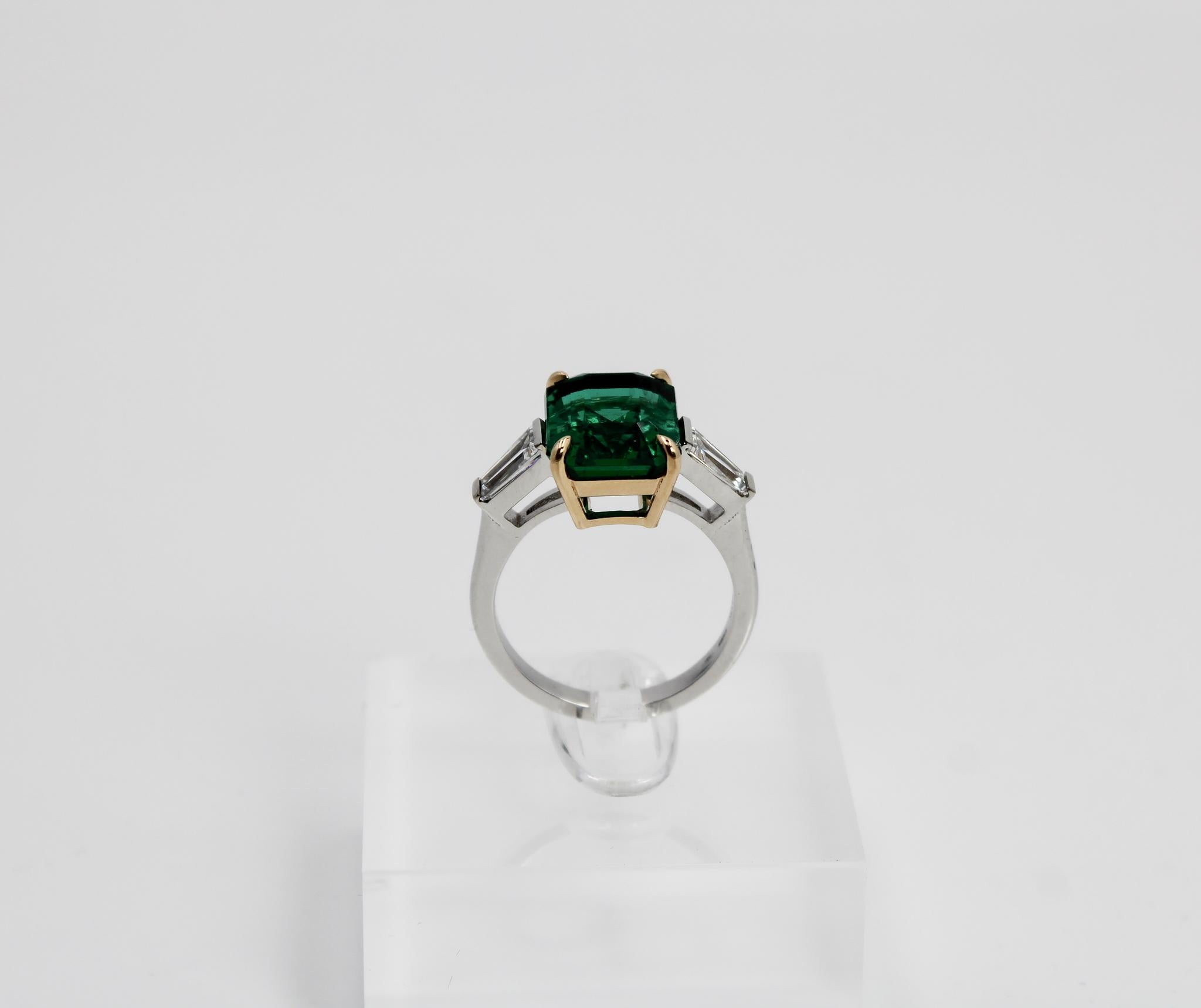 Emerald Cut 6.18ct Zambian Emerald Ring with Baguette Diamonds, Gübelin Certified For Sale