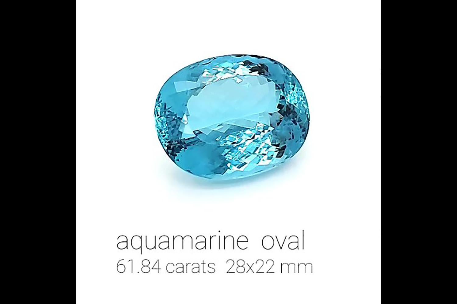 61.84 Karat natürlicher blauer Aquamarin im Ovalschliff, von hoher Qualität, intensiv blau, transparentes Mineral ohne Einschlüsse, perfekte Wahl für Sammler oder um ein individuelles, einzigartiges Schmuckstück damit zu gestalten.
Wir sind