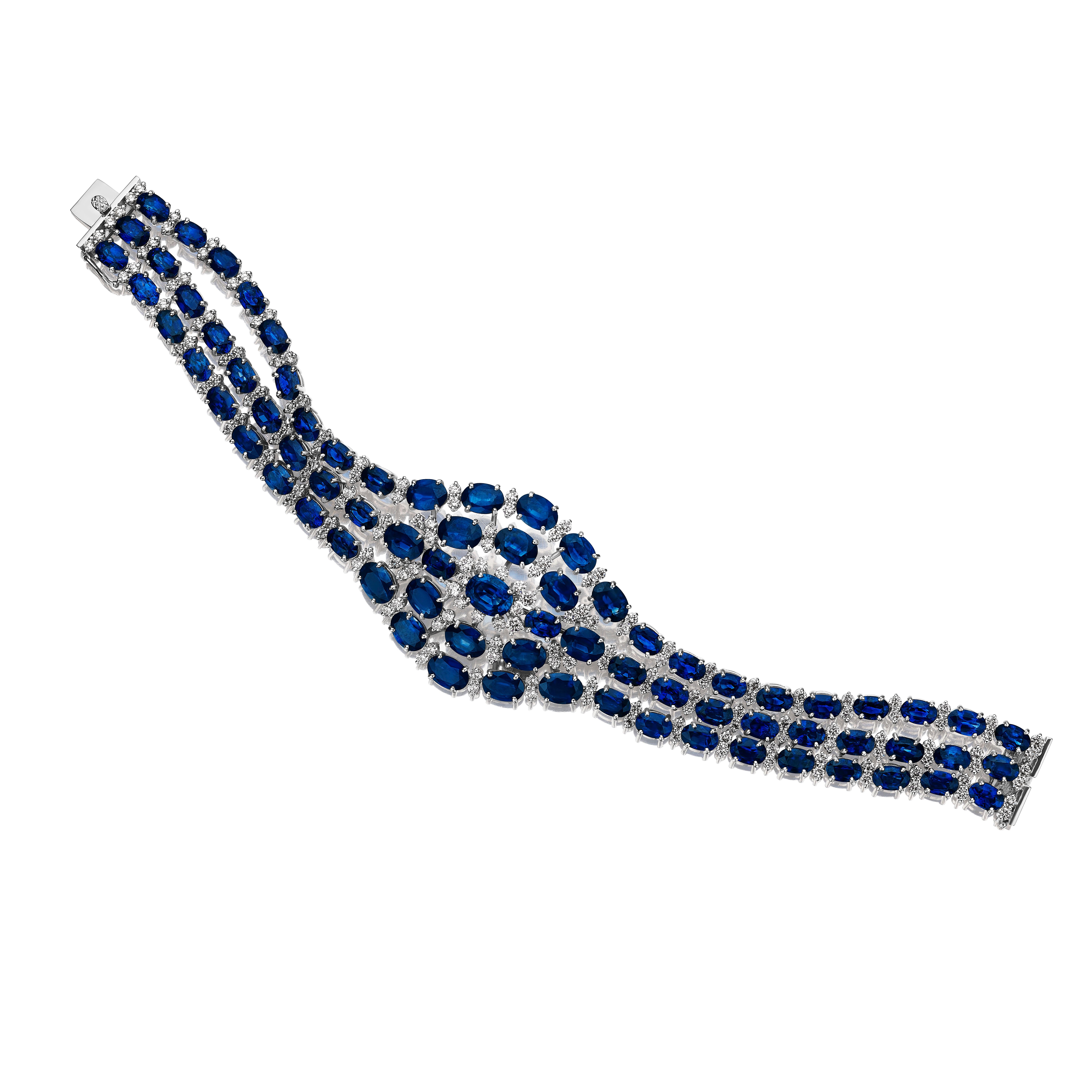 Modern 61.86ct Oval Sapphire & Round Diamond Bracelet in 18KT White Gold For Sale