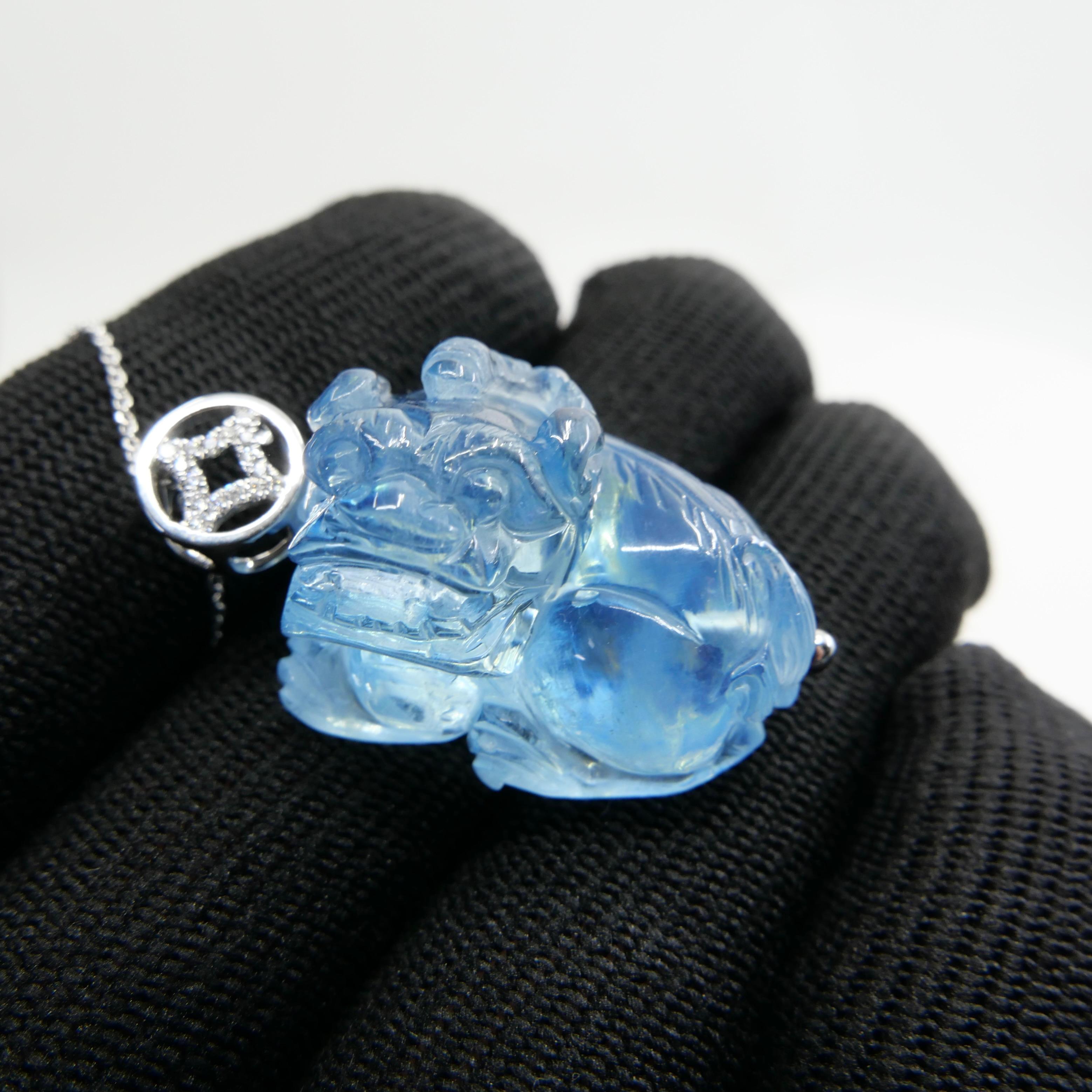 61.88 Cts Lucky Aquamarine Pi Xiu Pendant, Santa Maria Blue, Transparent Clean For Sale 6