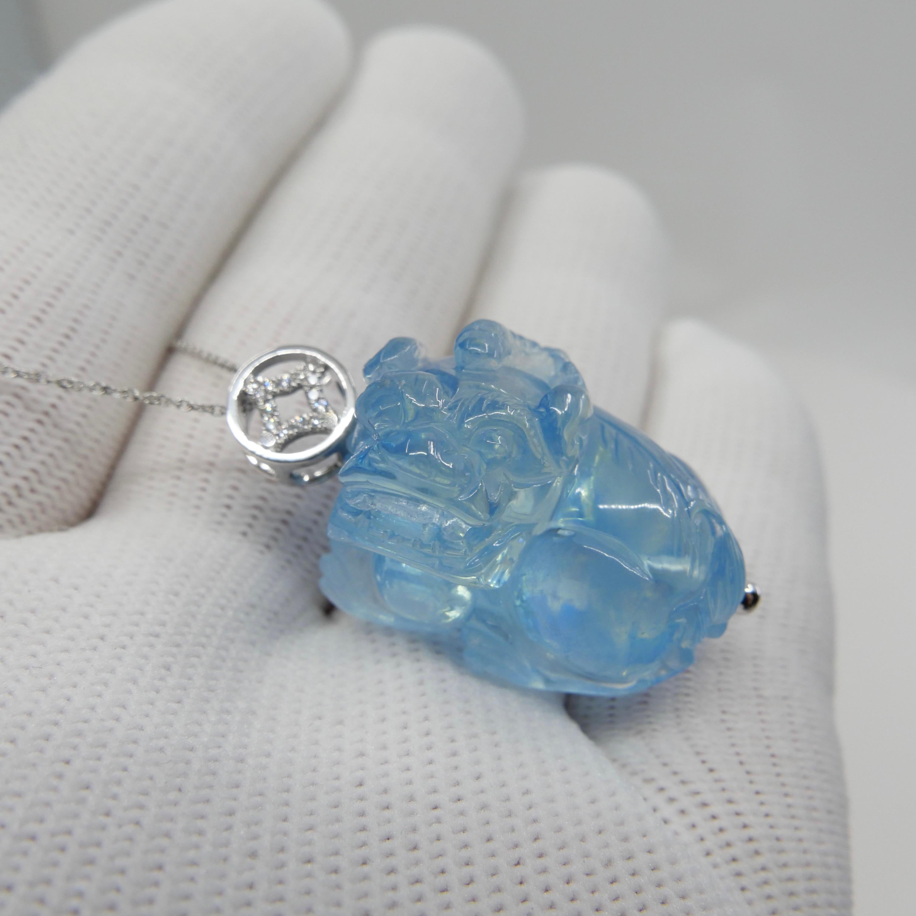 61.88 Cts Lucky Aquamarine Pi Xiu Pendant, Santa Maria Blue, Transparent Clean For Sale 10