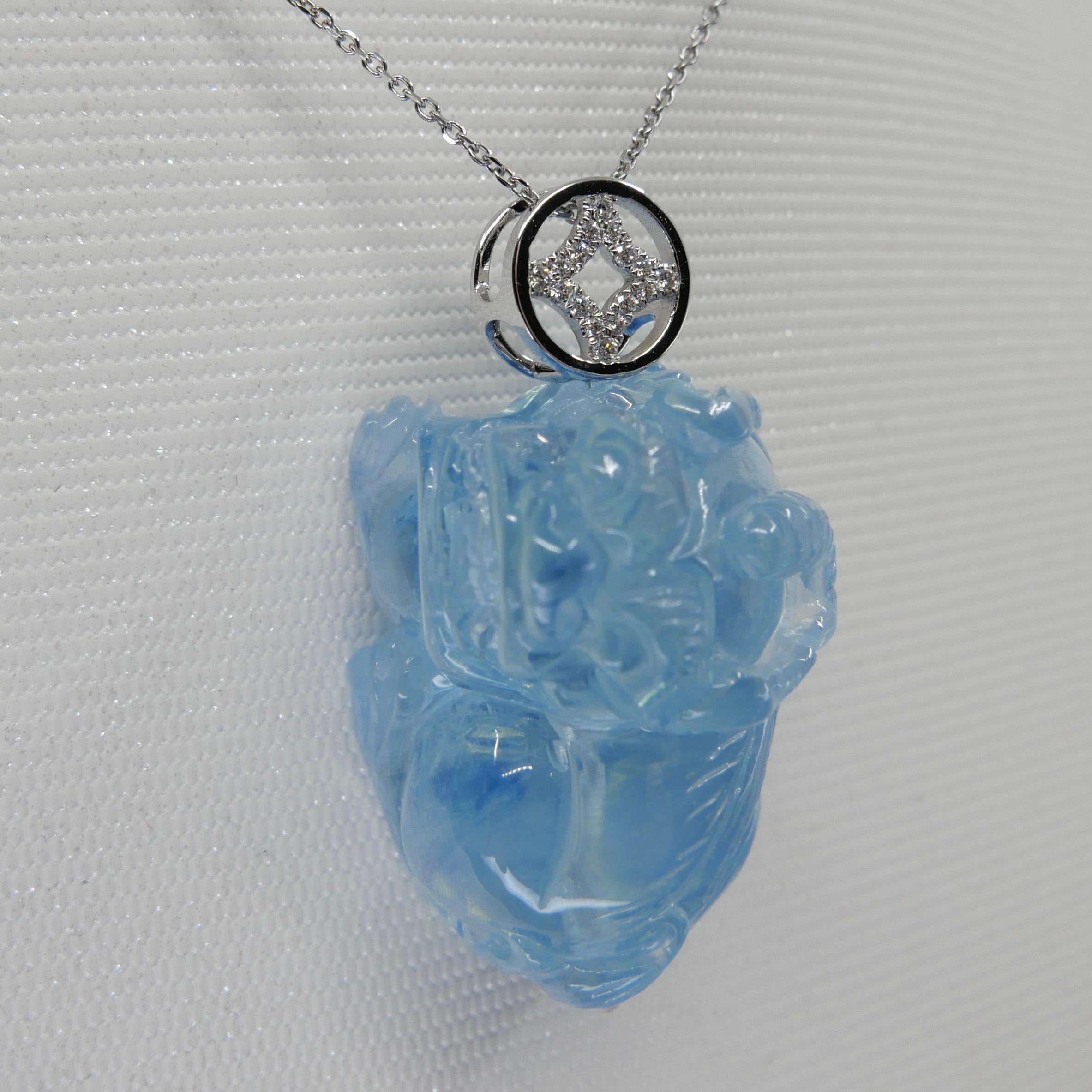 61.88 Cts Lucky Aquamarine Pi Xiu Pendant, Santa Maria Blue, Transparent Clean In New Condition For Sale In Hong Kong, HK