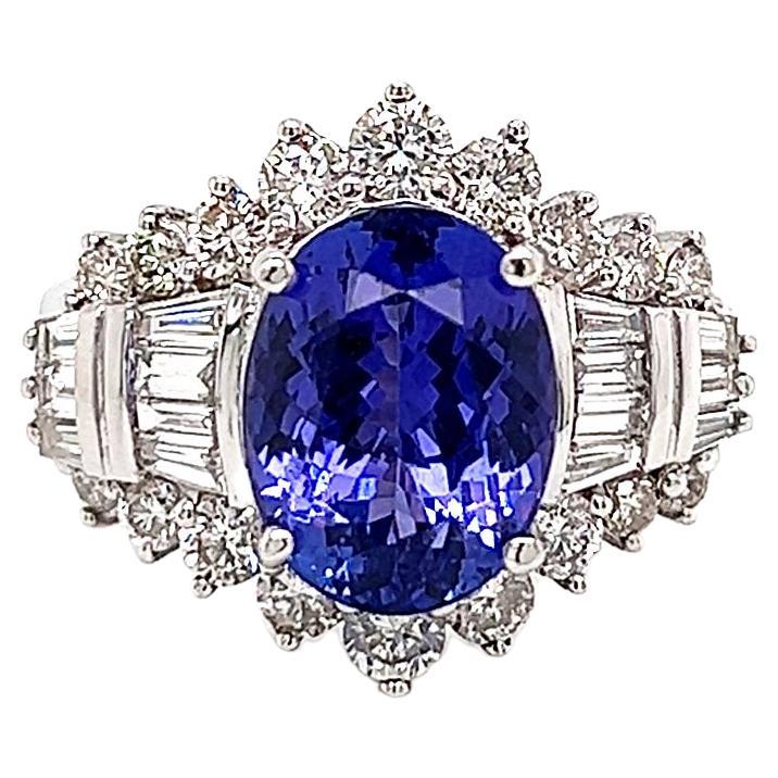 6.18 Total Carat Tanzanite and Diamond Ladies Engagement Ring in 14K White Gold For Sale