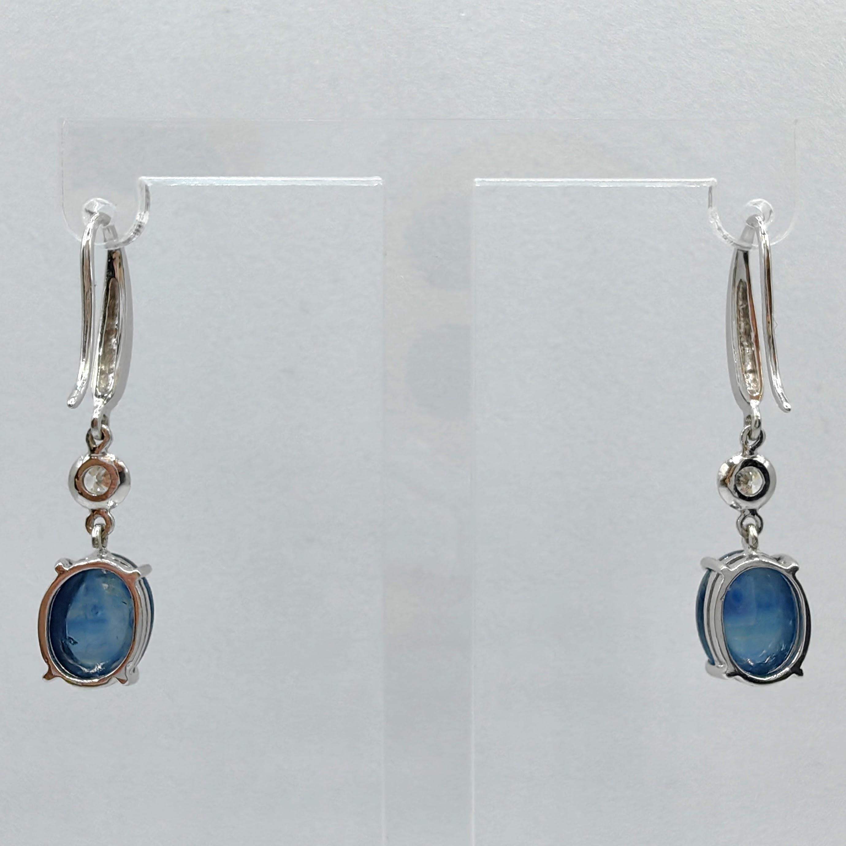 Contemporary 6.18ct Cabochon Blue Sapphire Diamond Dangling Earrings in 18K White Gold