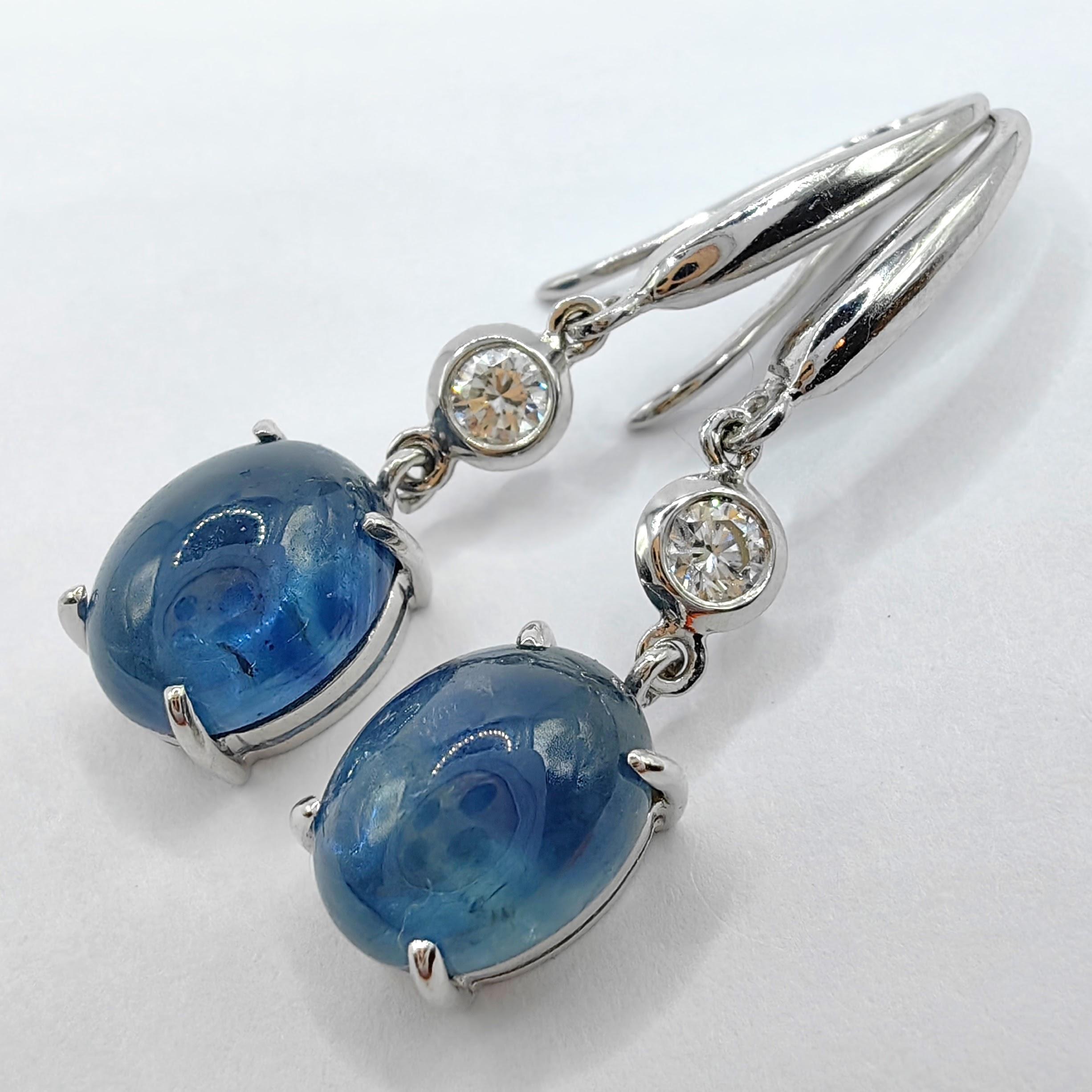 6.18ct Cabochon Blue Sapphire Diamond Dangling Earrings in 18K White Gold In New Condition In Wan Chai District, HK