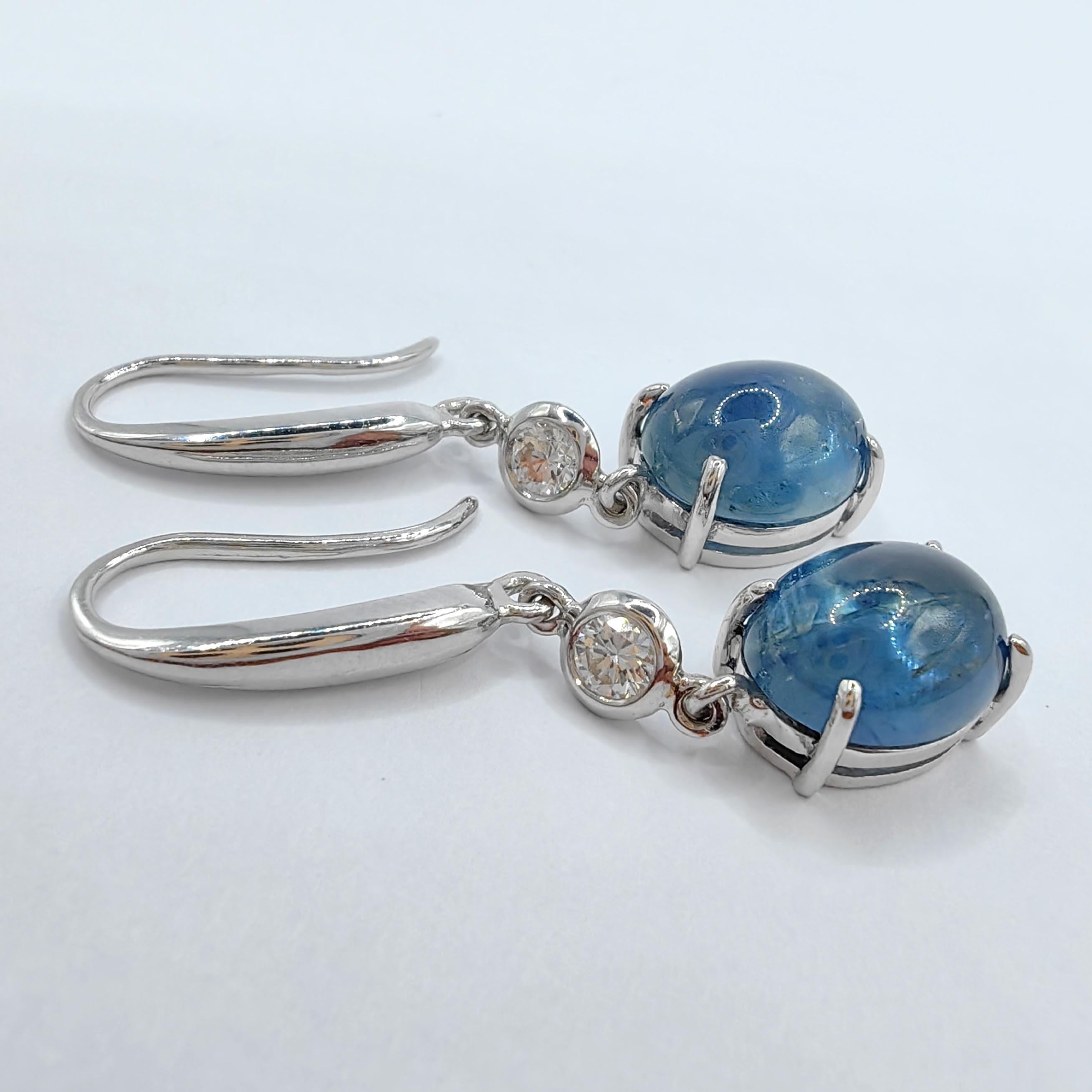 Women's 6.18ct Cabochon Blue Sapphire Diamond Dangling Earrings in 18K White Gold