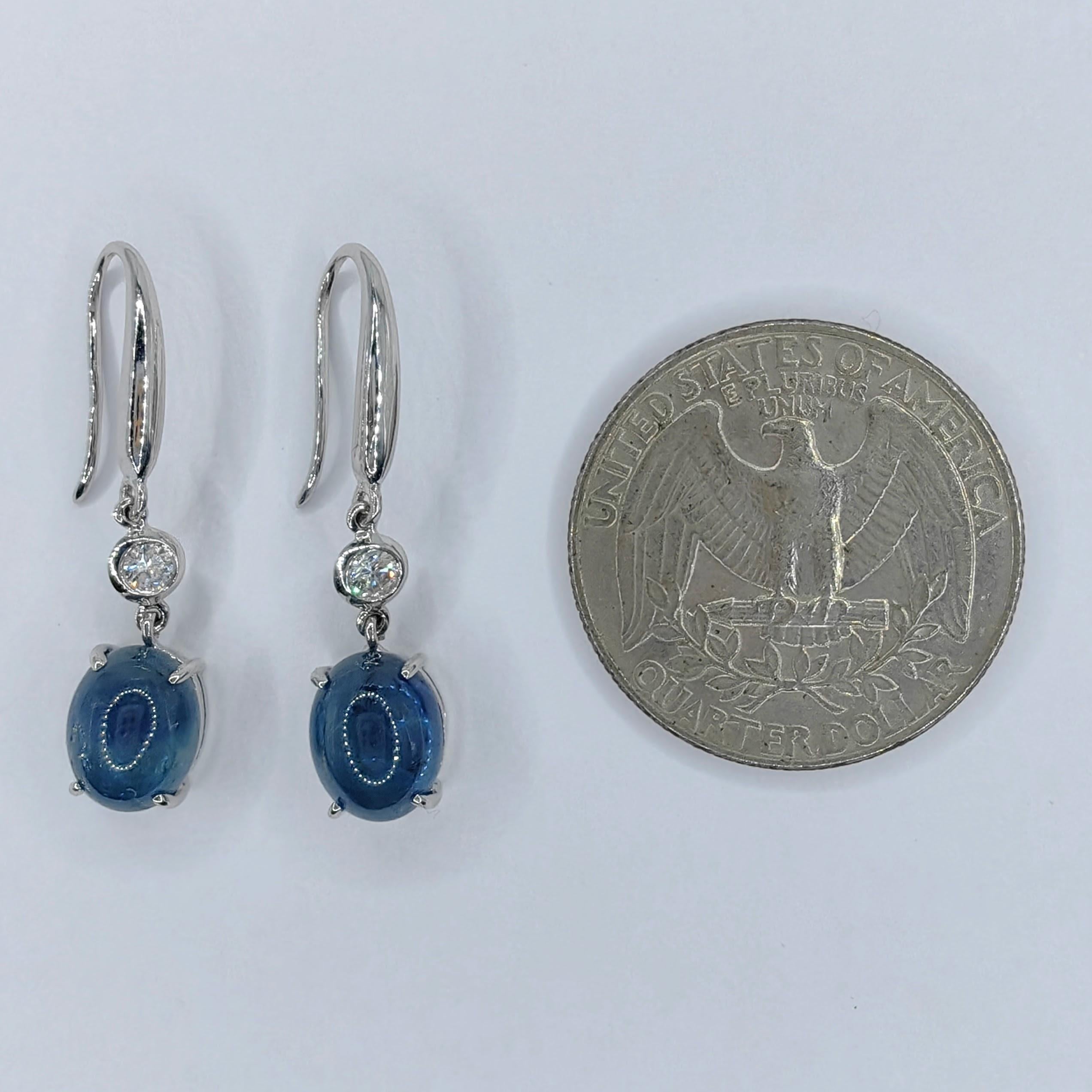 6.18ct Cabochon Blue Sapphire Diamond Dangling Earrings in 18K White Gold 1