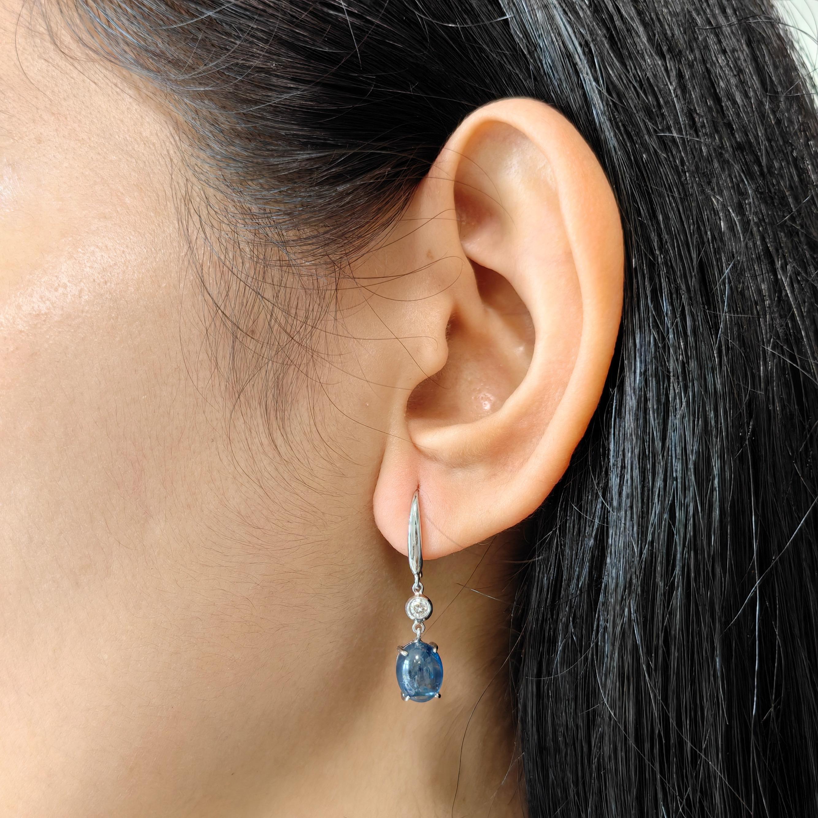 6.18ct Cabochon Blue Sapphire Diamond Dangling Earrings in 18K White Gold 2