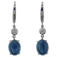 6.18ct Cabochon Blue Sapphire Diamond Dangling Earrings in 18K White Gold