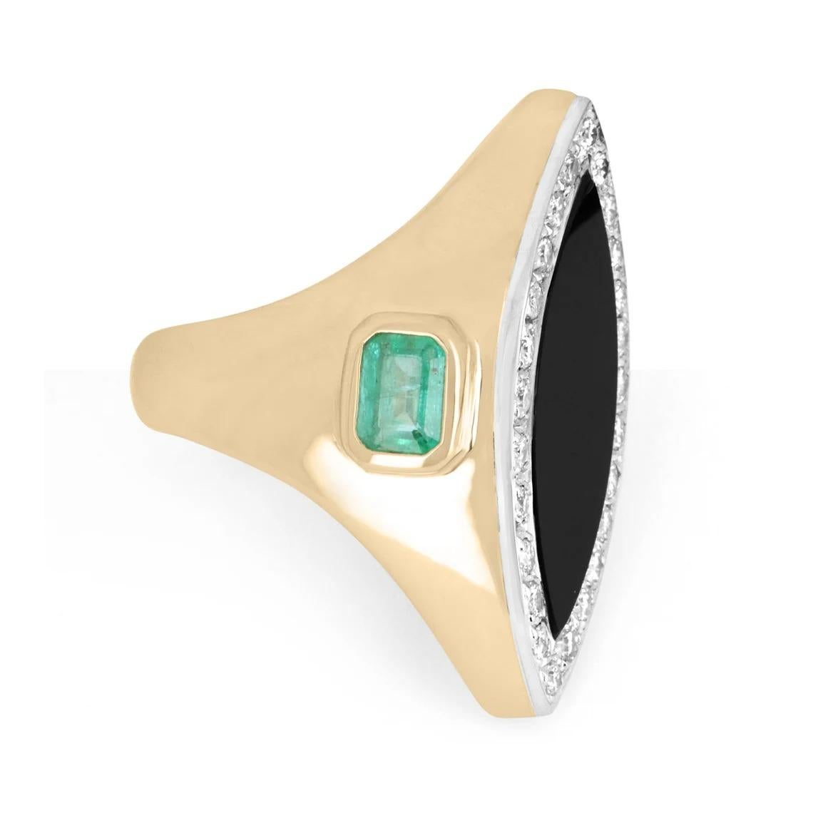 A large and swanky, multi-gemstone cocktail statement ring. The center stone features a 4-carat black onyx, cut in the shape of a marquise. Surrounding the center stone are 25 pave set, brilliant round-cut diamonds weighing half a carat total.
