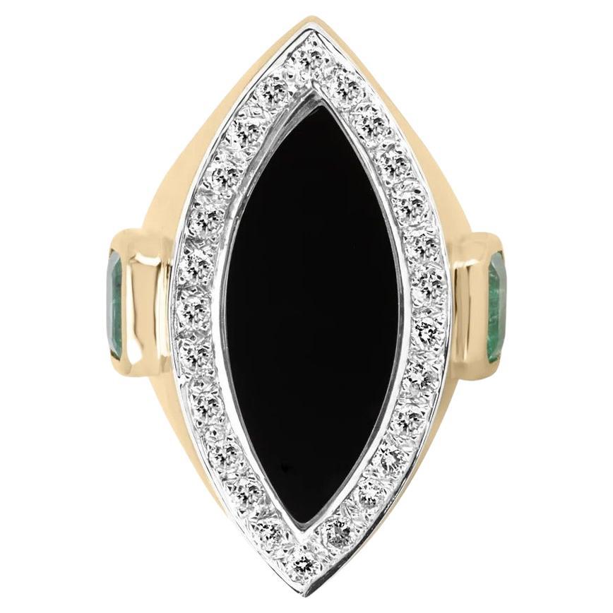 6.18tcw 14K Black Onyx, Diamond & Natural Emerald Accent Gold Cocktail Ring For Sale