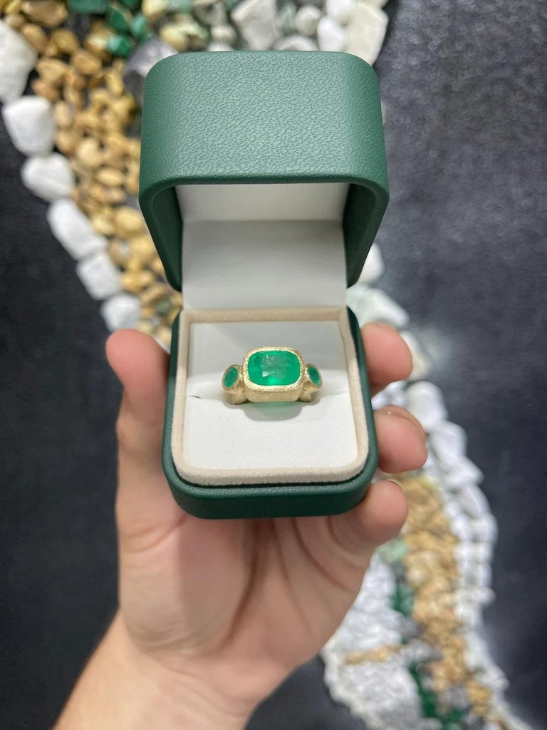 6.18tcw 14K Halle Berry Ring Colombian Emerald Three Stone Bezel Set