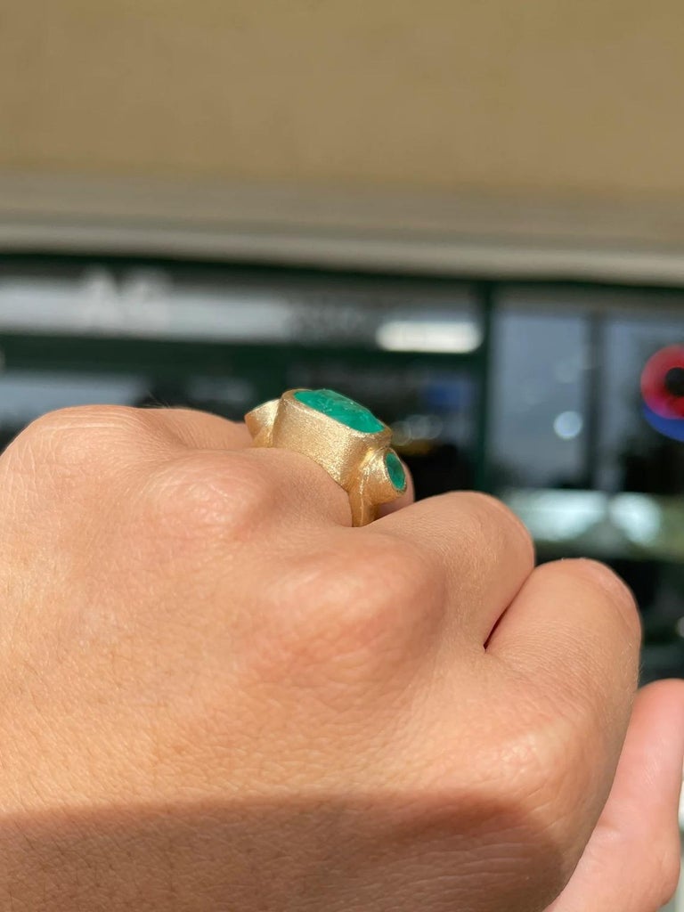 6.18tcw 14K Halle Berry Ring Colombian Emerald Three Stone Bezel Set
