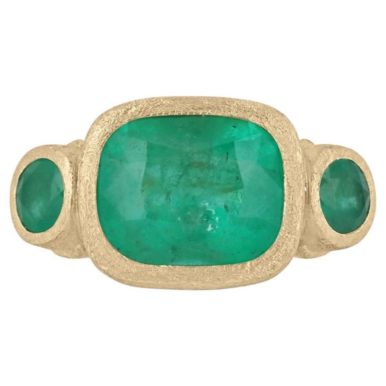 6.18tcw 14K Halle Berry Ring Colombian Emerald Three Stone Bezel Set
