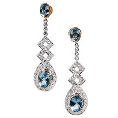 Antique 6.19 Carat Aquamarine Diamond Silver Gold Dangle Drop Earrings