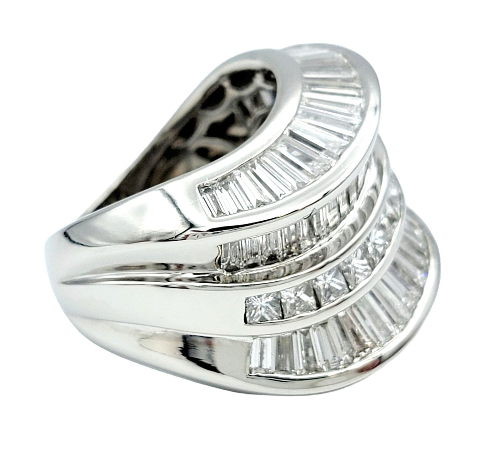 Contemporary 6.19 Carat Baguette & Princess Cut Diamond Wide Wave Style Band Ring in Platinum For Sale