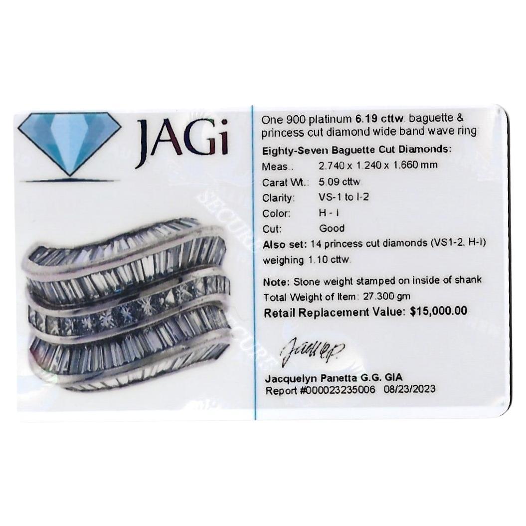6.19 Carat Baguette & Princess Cut Diamond Wide Wave Style Band Ring in Platinum For Sale 3