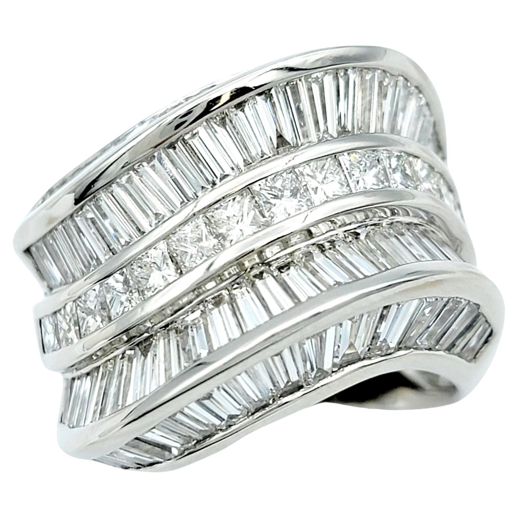 6.19 Carat Baguette & Princess Cut Diamond Wide Wave Style Band Ring in Platinum For Sale