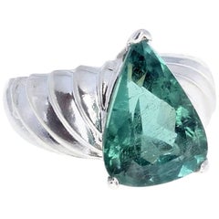 AJD Brilliant Unique Rare 6.19Ct Green Tourmaline Silver Cocktail Ring