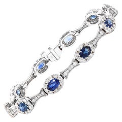 Pulsera de diamantes zafiro azul talla oval de 6,19 quilates en oro blanco de 14 quilates