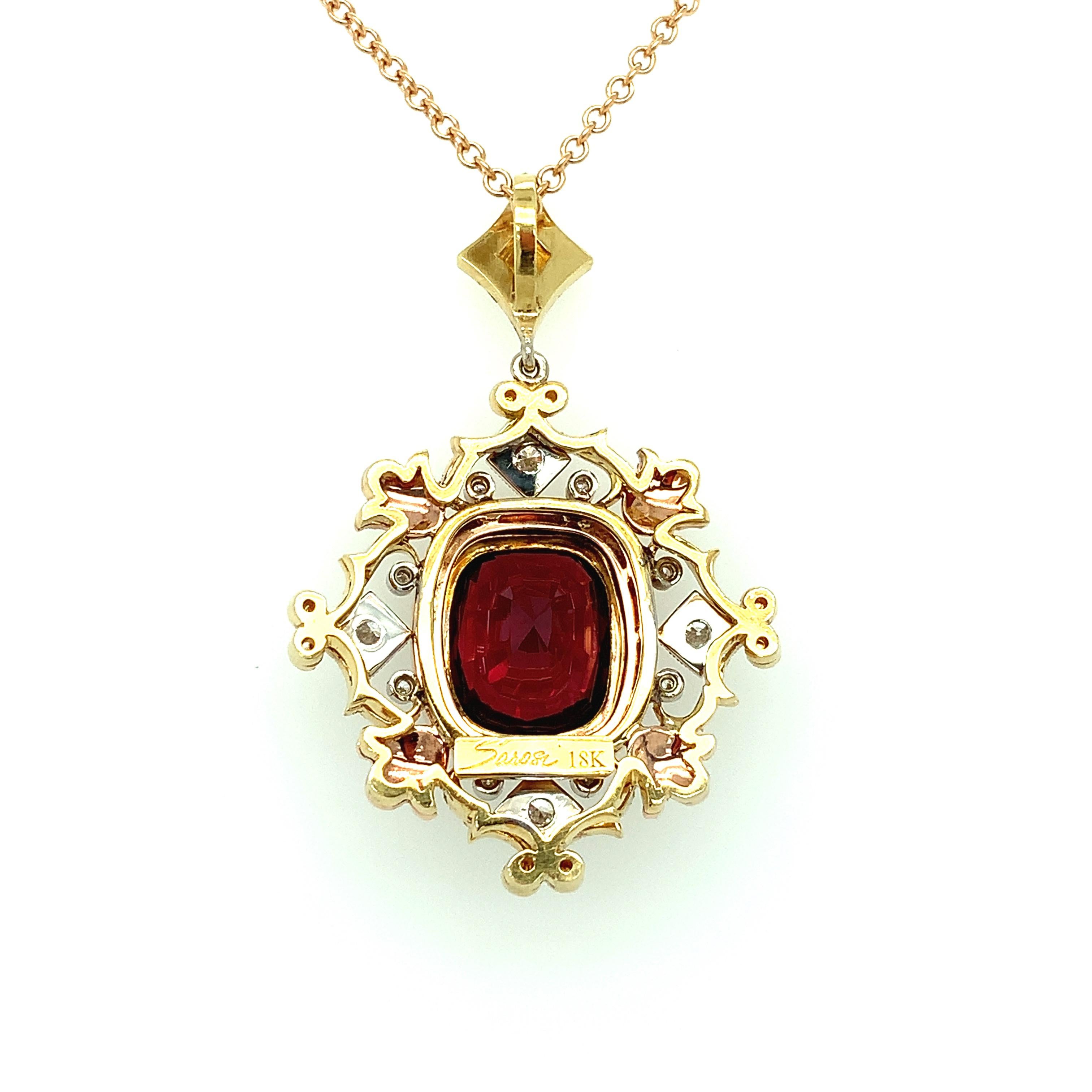 6.19 Karat Rhodolith-Granat, Diamant Gelb-, Weiß- und Roségold Anhänger-Halskette für Damen oder Herren