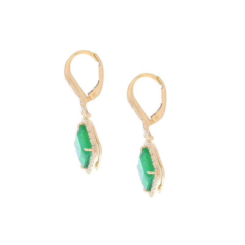 Contemporary 6.19 Carat Total Emerald and Diamond Dangle Earrings in 18 Karat Yellow Gold