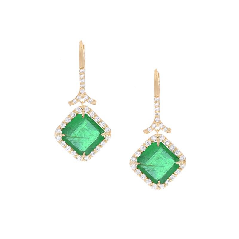 Women's 6.19 Carat Total Emerald and Diamond Dangle Earrings in 18 Karat Yellow Gold