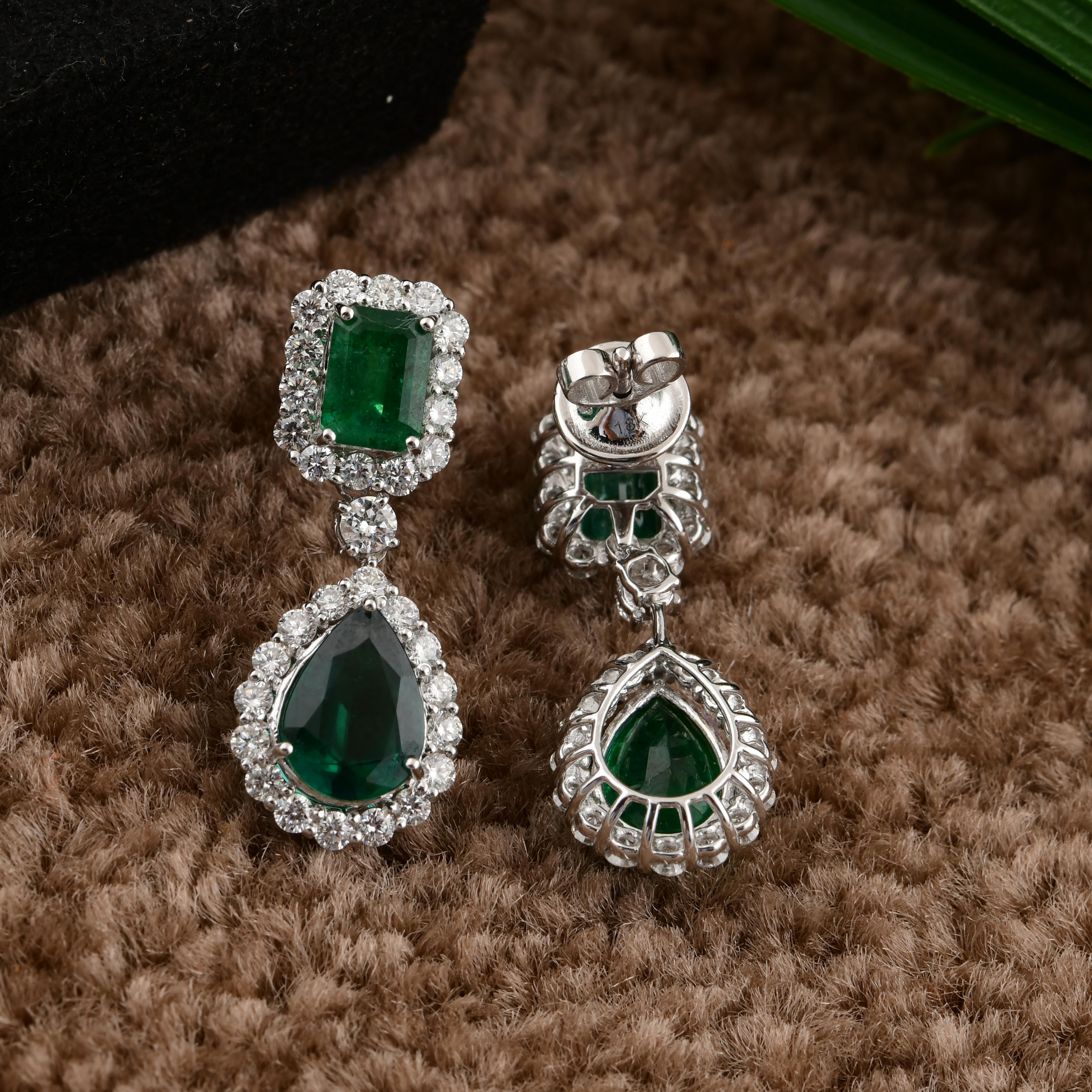Art Deco 6.19 Carat Zambian Emerald 1.99 Carat SI/H Diamond Earrings 14 Karat White Gold For Sale