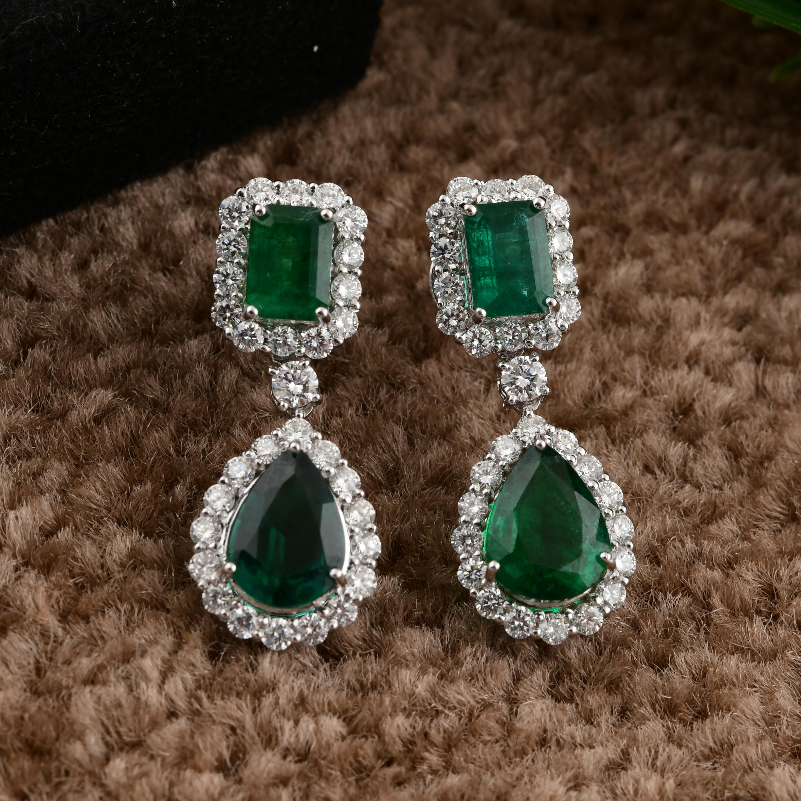 Pear Cut 6.19 Carat Zambian Emerald 1.99 Carat SI/H Diamond Earrings 14 Karat White Gold For Sale