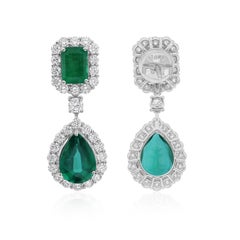 6.19cts Zambian Emerald 1.99cts SI/H Diamond Dangle Earrings 18k White Gold