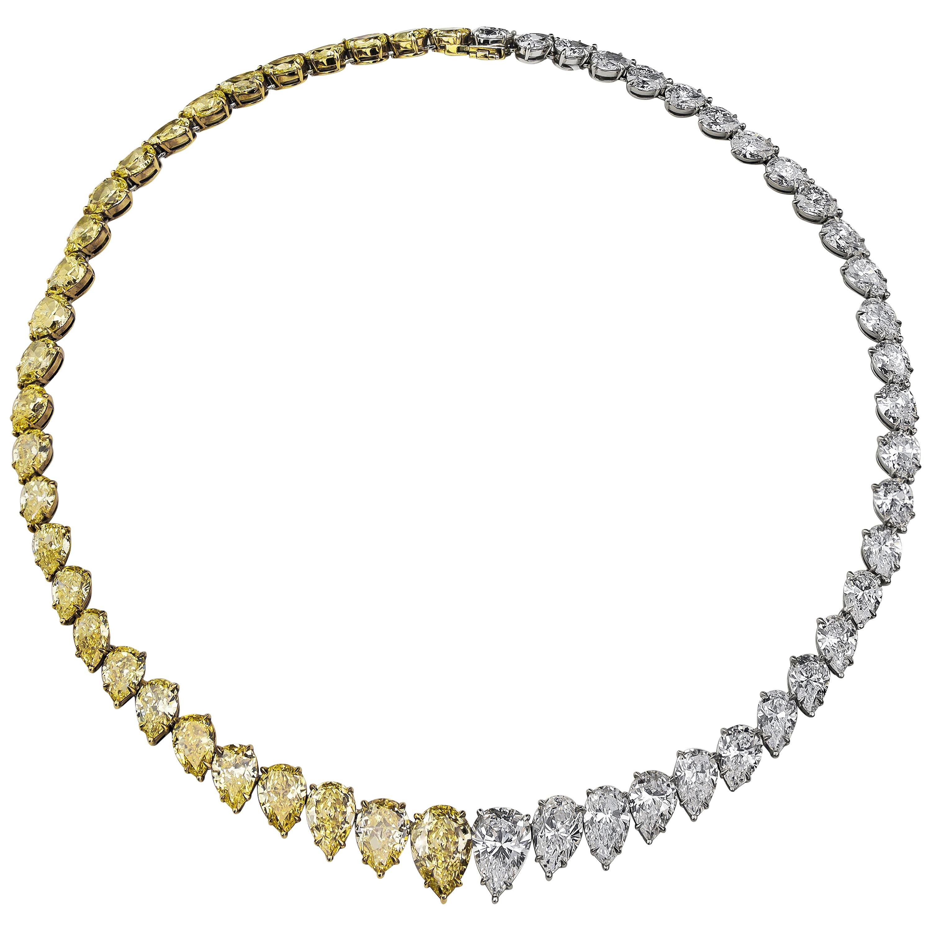 Roman Malakov 61.96 Carat Graduating Yellow and White Diamond Rivière Necklace For Sale