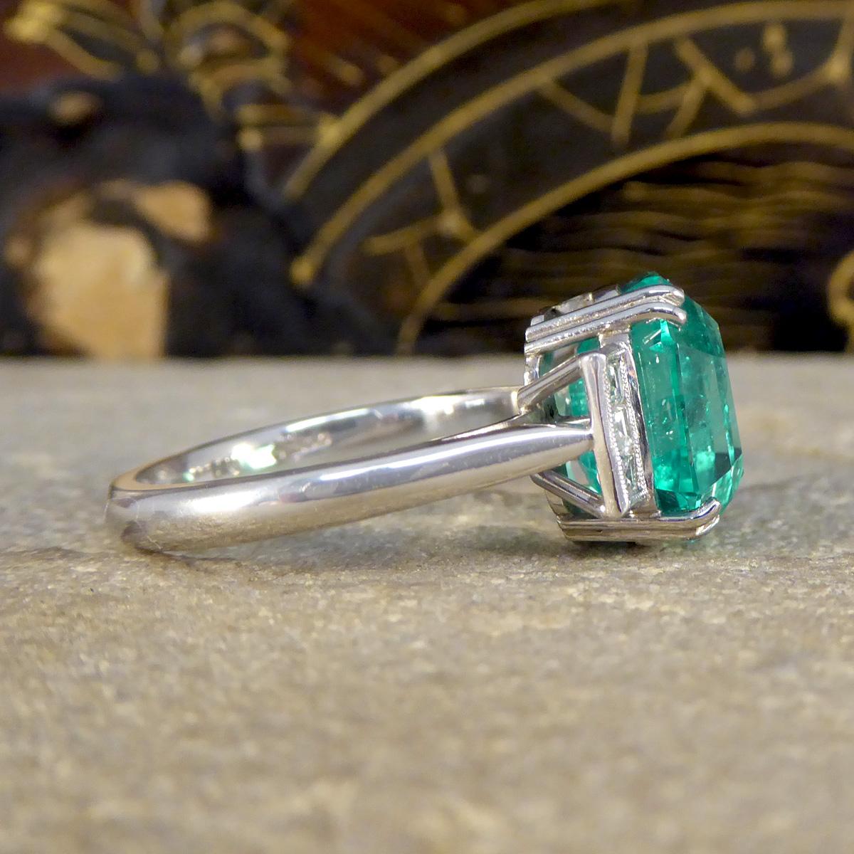 Art Deco 6.19ct Octagonal Cut Columbian Emerald and Diamond Ring Platinum with Gem Cert For Sale